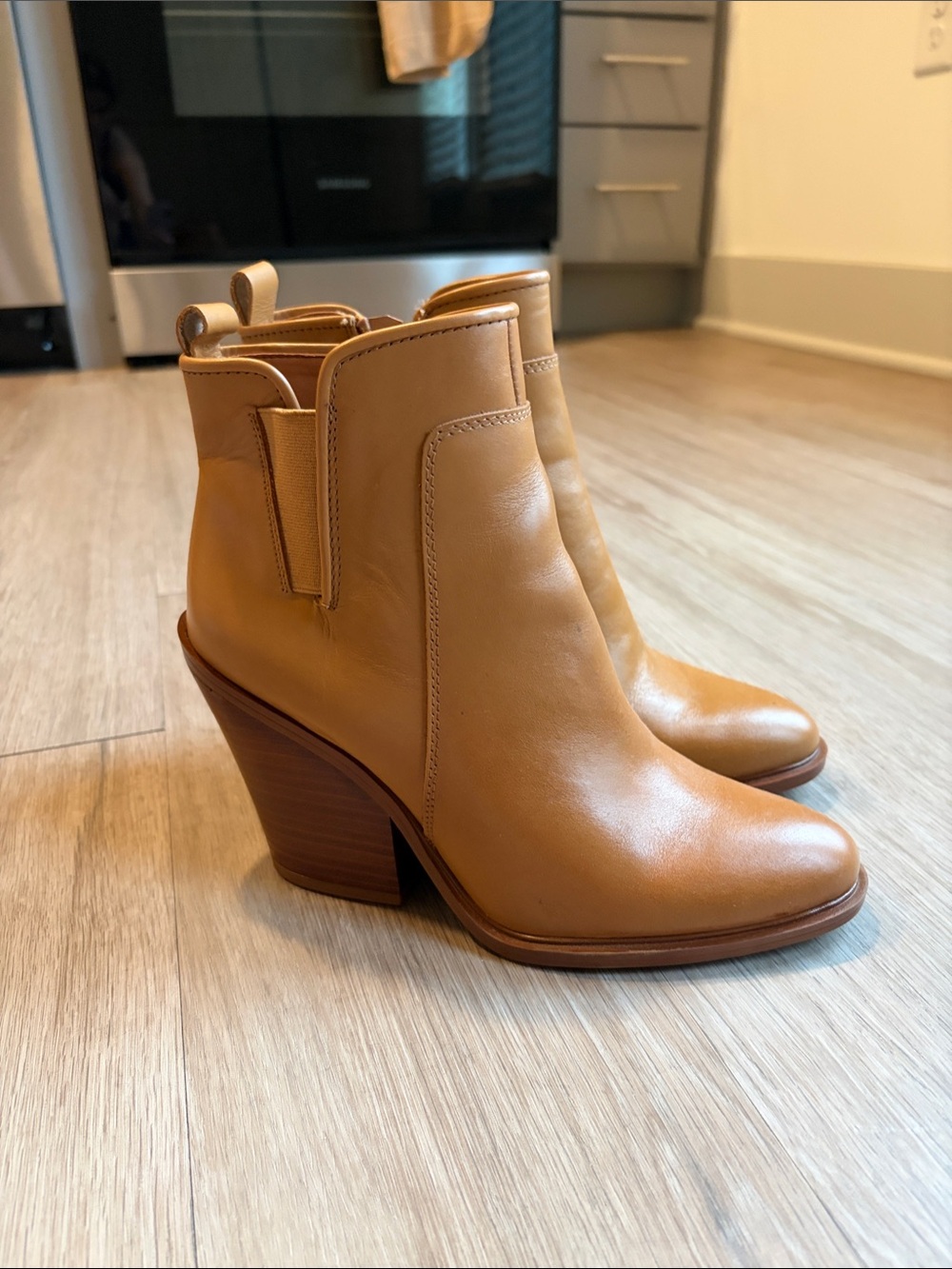 Franco Sarto Cognac Leather Block Heel Ankle Boots
